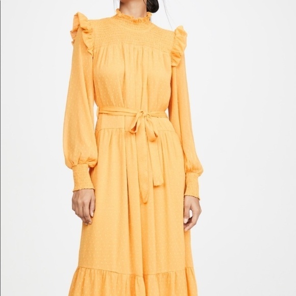 English Factory‎ Swiss Dot Smocked Maxi Dress medium mustard ruffle fall - Picture 7 of 16